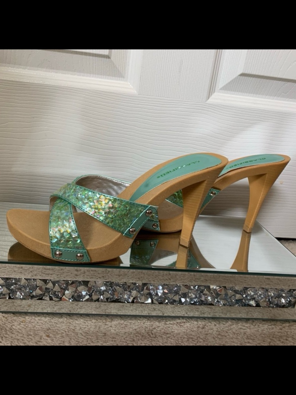 Classified Iridescent Aqua Green Crisscross Heeled Sandals